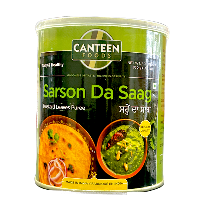 Canteen Foods Sarson Da Saag 850g — label on packaging showing mustard greens