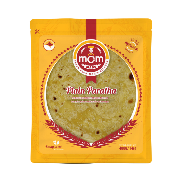 Spice Divine Mom Made Plain Paratha 400g — flaky, layered flatbread on a wooden board